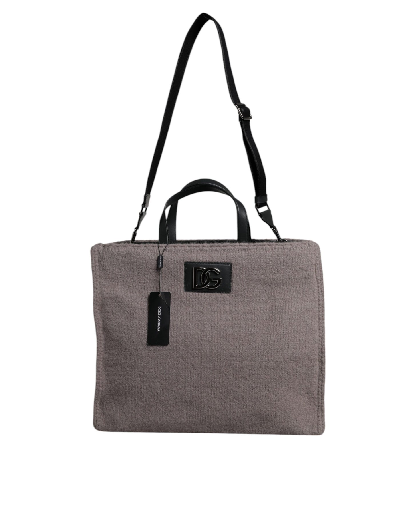 Dolce & Gabbana Grey Alpaca Wool Logo Plaque Tote Shoulder Bag