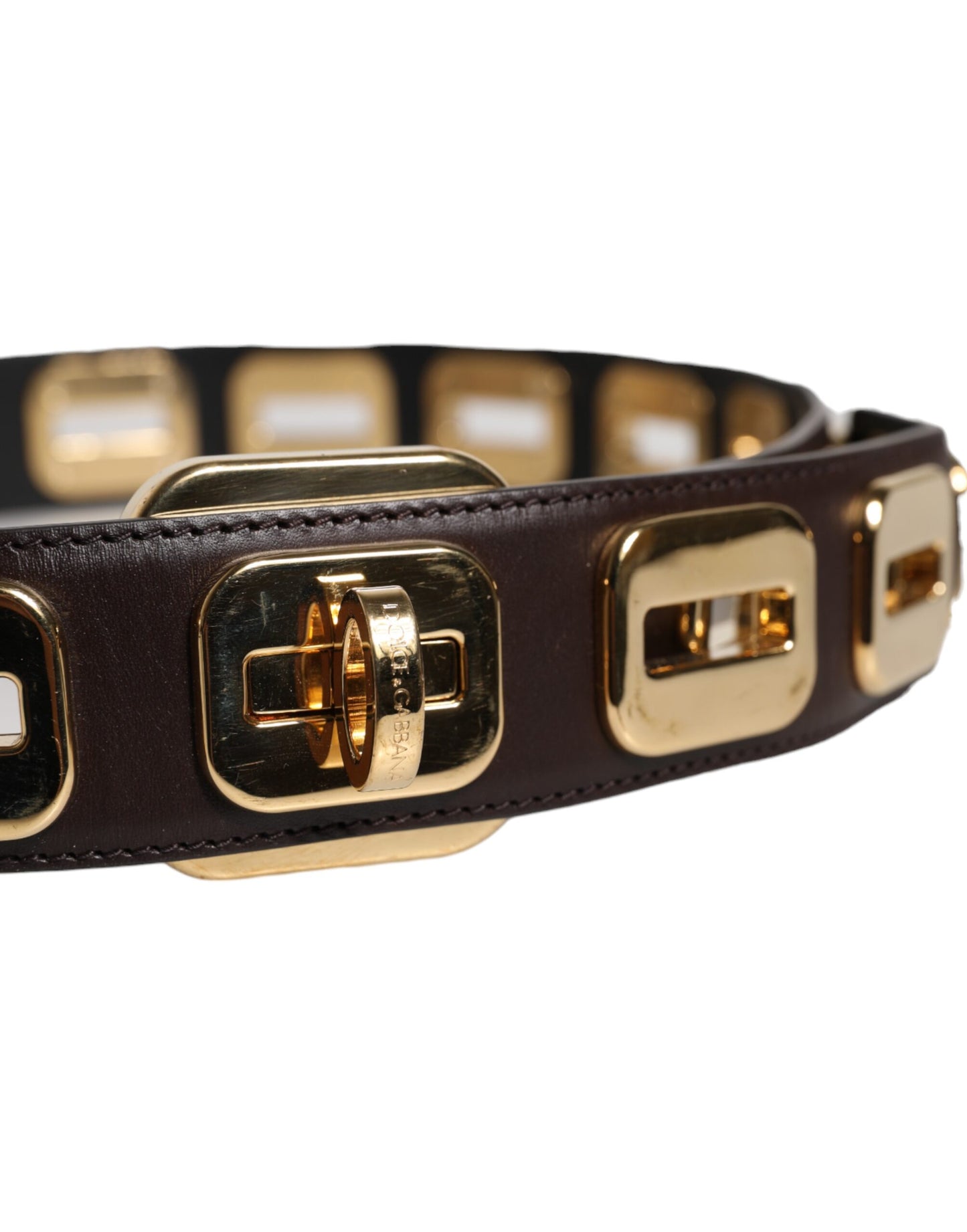 Dolce & Gabbana Dark Brown Leather Gold Rotating Buckle Belt