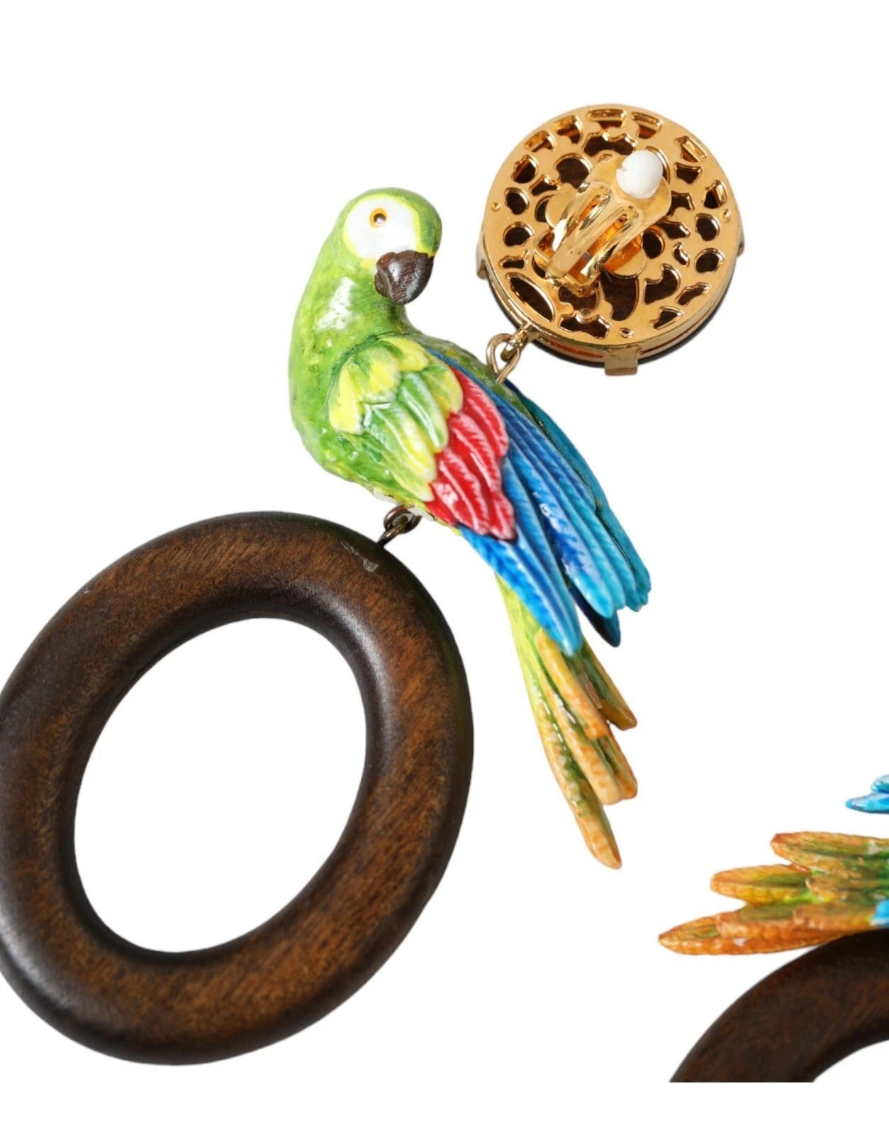 Dolce & Gabbana Multicolor Parrot Wood Brass Crystal Embellished Earrings
