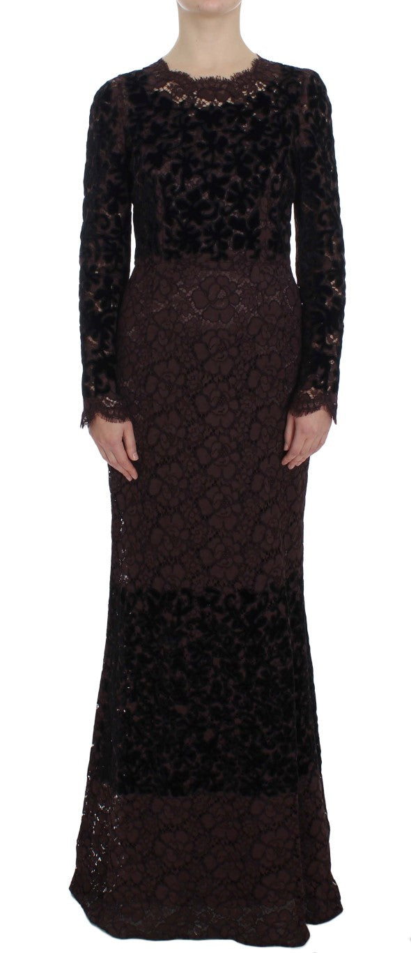 Dolce & Gabbana Elegantes Lila Blumenspitze Maxi-Kleid