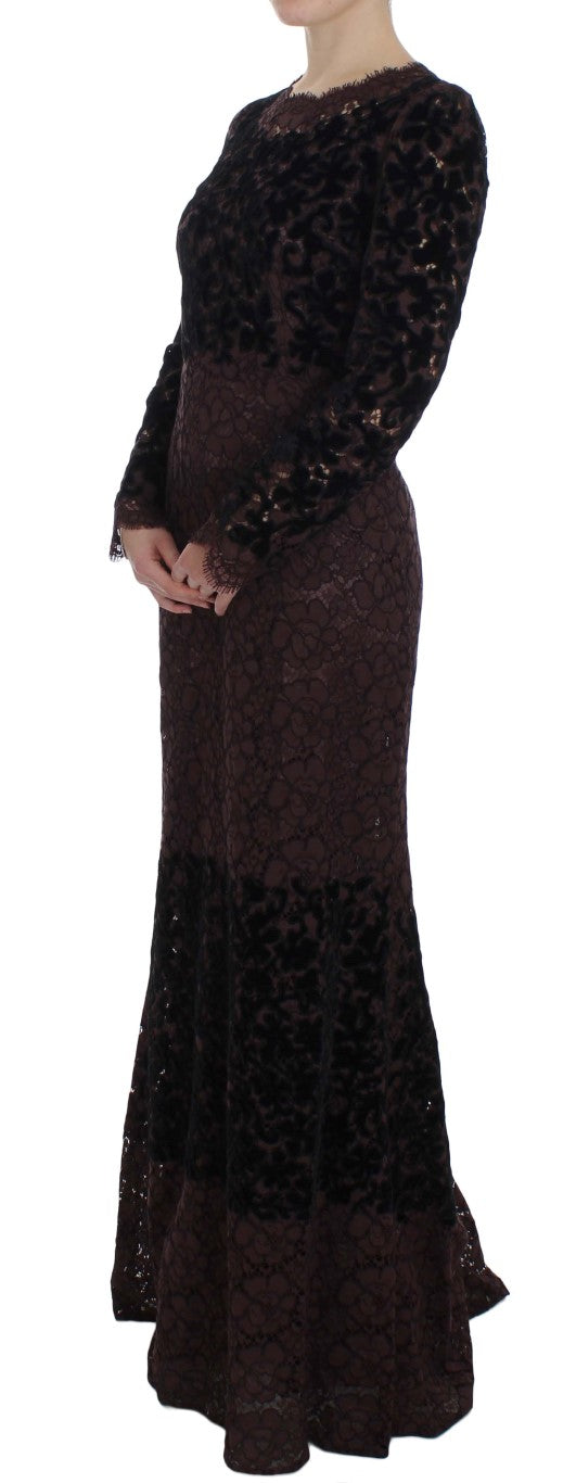 Dolce & Gabbana Elegantes Lila Blumenspitze Maxi-Kleid