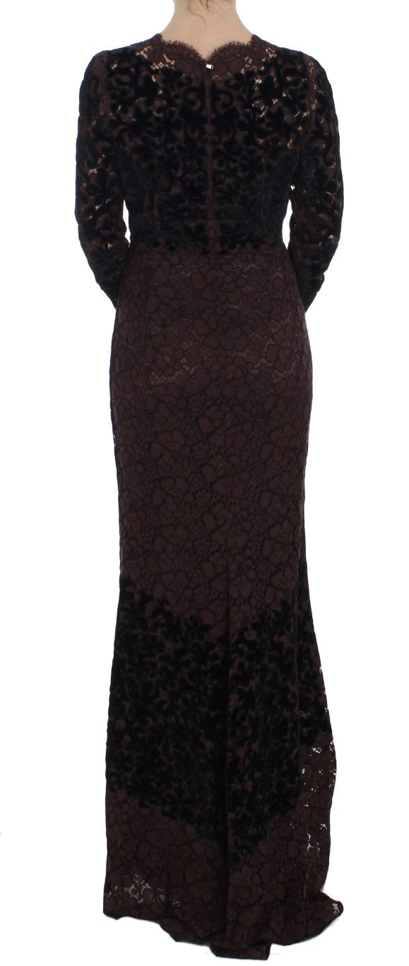 Dolce & Gabbana Elegantes Lila Blumenspitze Maxi-Kleid