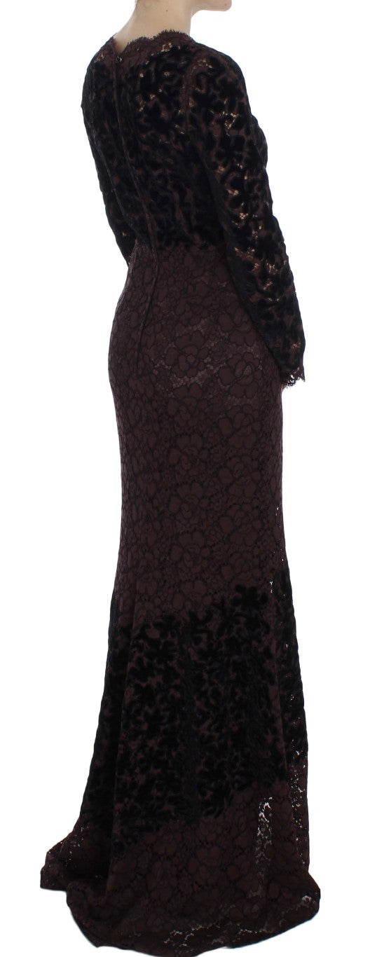 Dolce & Gabbana Elegantes Lila Blumenspitze Maxi-Kleid