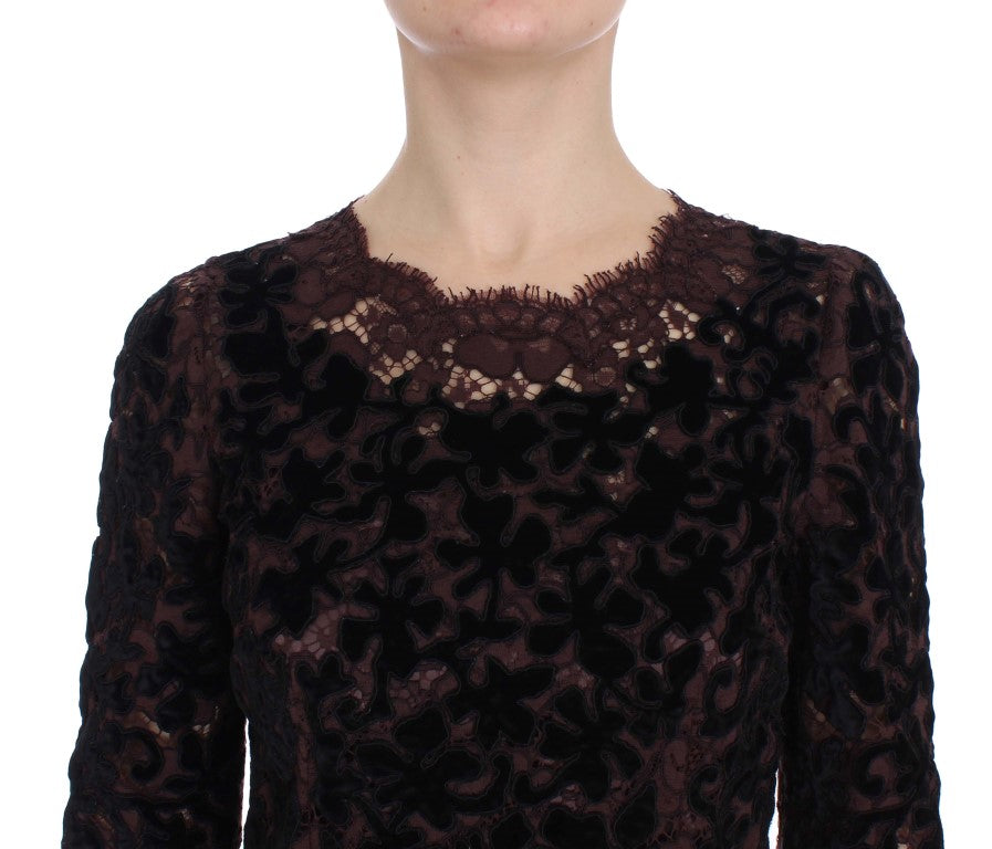Dolce & Gabbana Elegantes Lila Blumenspitze Maxi-Kleid