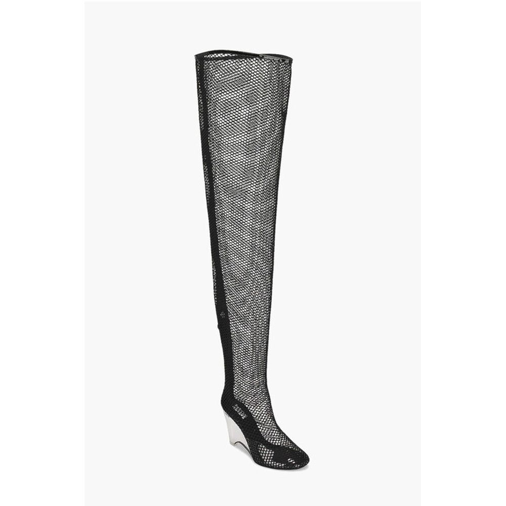 Alaïa Over the Knee Mesh Boots with Plexiglass Wedge Heel 11cm