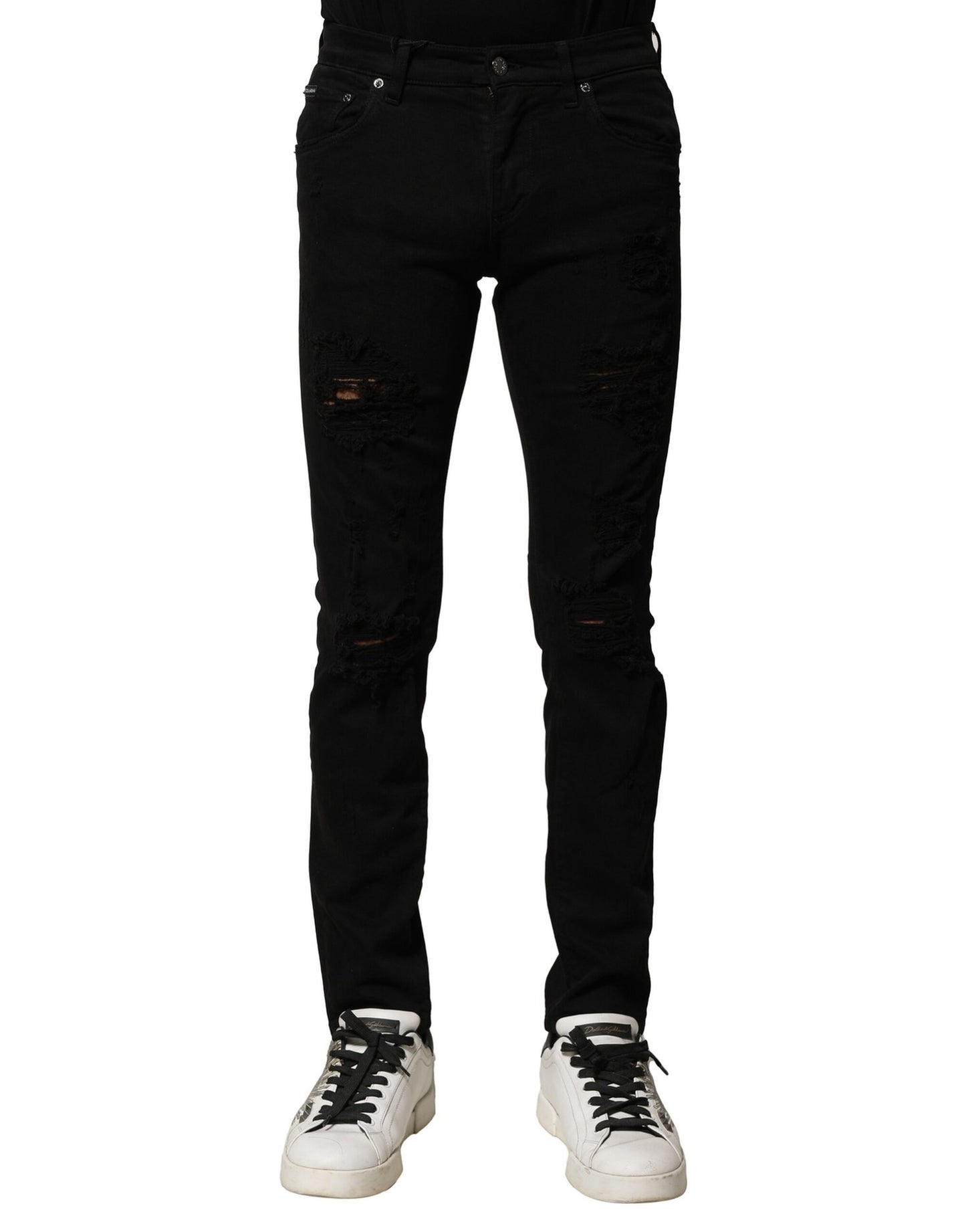 Dolce & Gabbana Black Cotton Logo Plaque Slim Denim Jeans