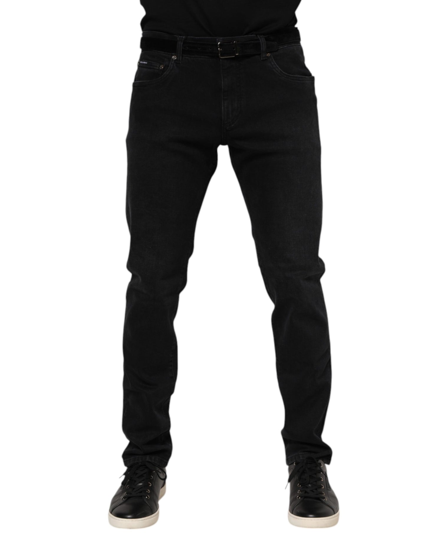 Dolce & Gabbana Black Cotton Logo Plaque Denim Jeans