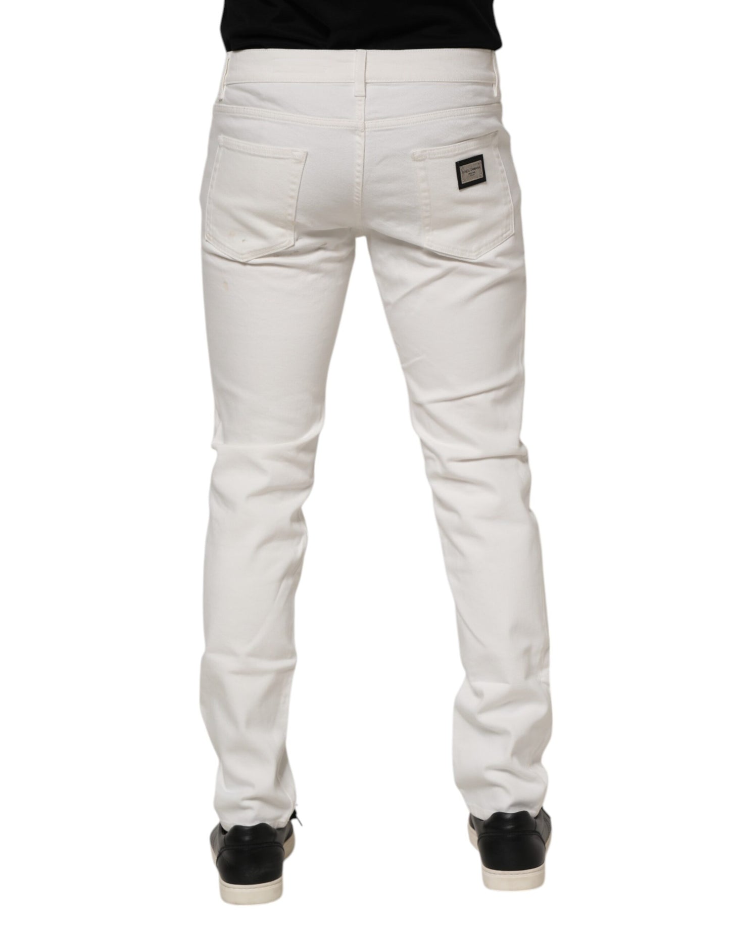 Dolce & Gabbana White Cotton Logo Plaque Slim Fit Denim Jeans