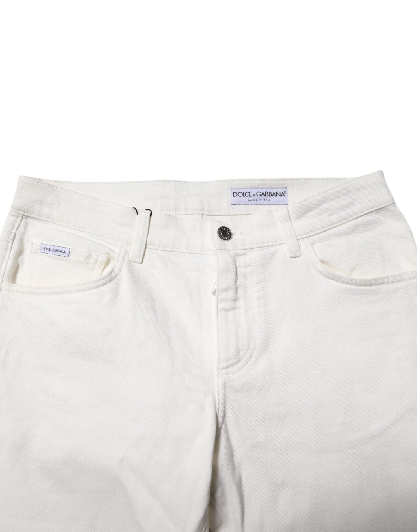 Dolce & Gabbana White Cotton Logo Plaque Slim Fit Denim Jeans