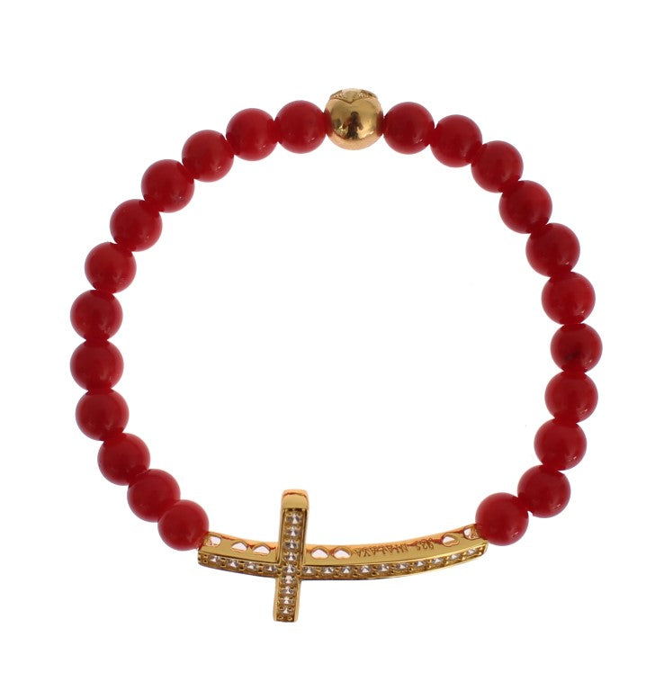 Pulsera de plata 925 con cruz de circonitas doradas y coral rojo