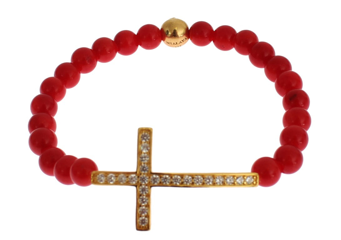 Pulsera de plata 925 con cruz de circonitas doradas y coral rojo