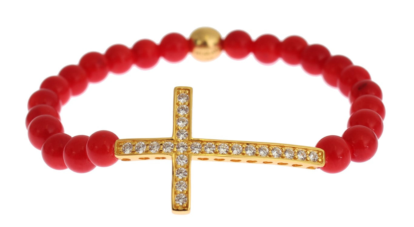 Pulsera de plata 925 con cruz de circonitas doradas y coral rojo