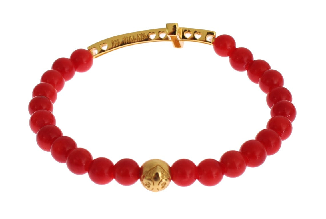 Pulsera de plata 925 con cruz de circonitas doradas y coral rojo
