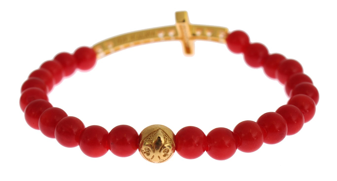 Pulsera de plata 925 con cruz de circonitas doradas y coral rojo