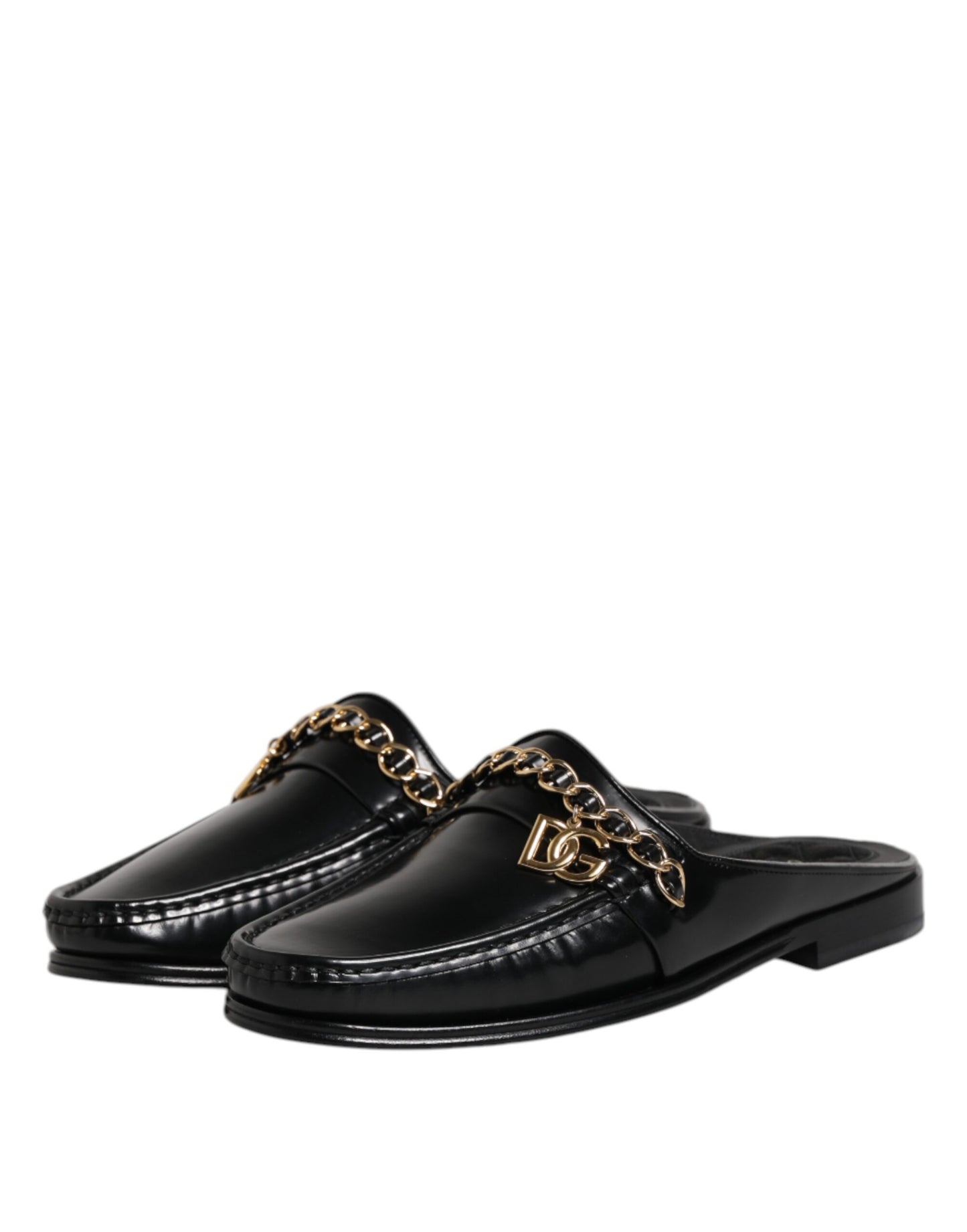 Dolce & Gabbana Black Leather DG Chain Embellished Sandals Shoes