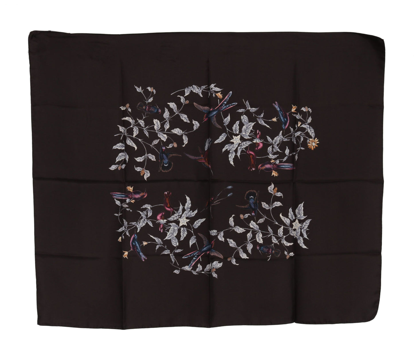 Sciarpa marrone con stampa di uccelli in 100% seta, 80 cm x 95 cm