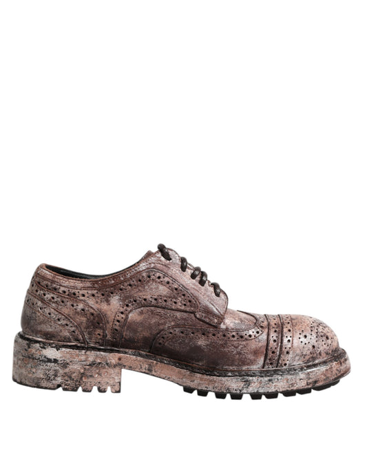 Dolce & Gabbana Brown Leather Distressed Brogue Lace Up Shoes