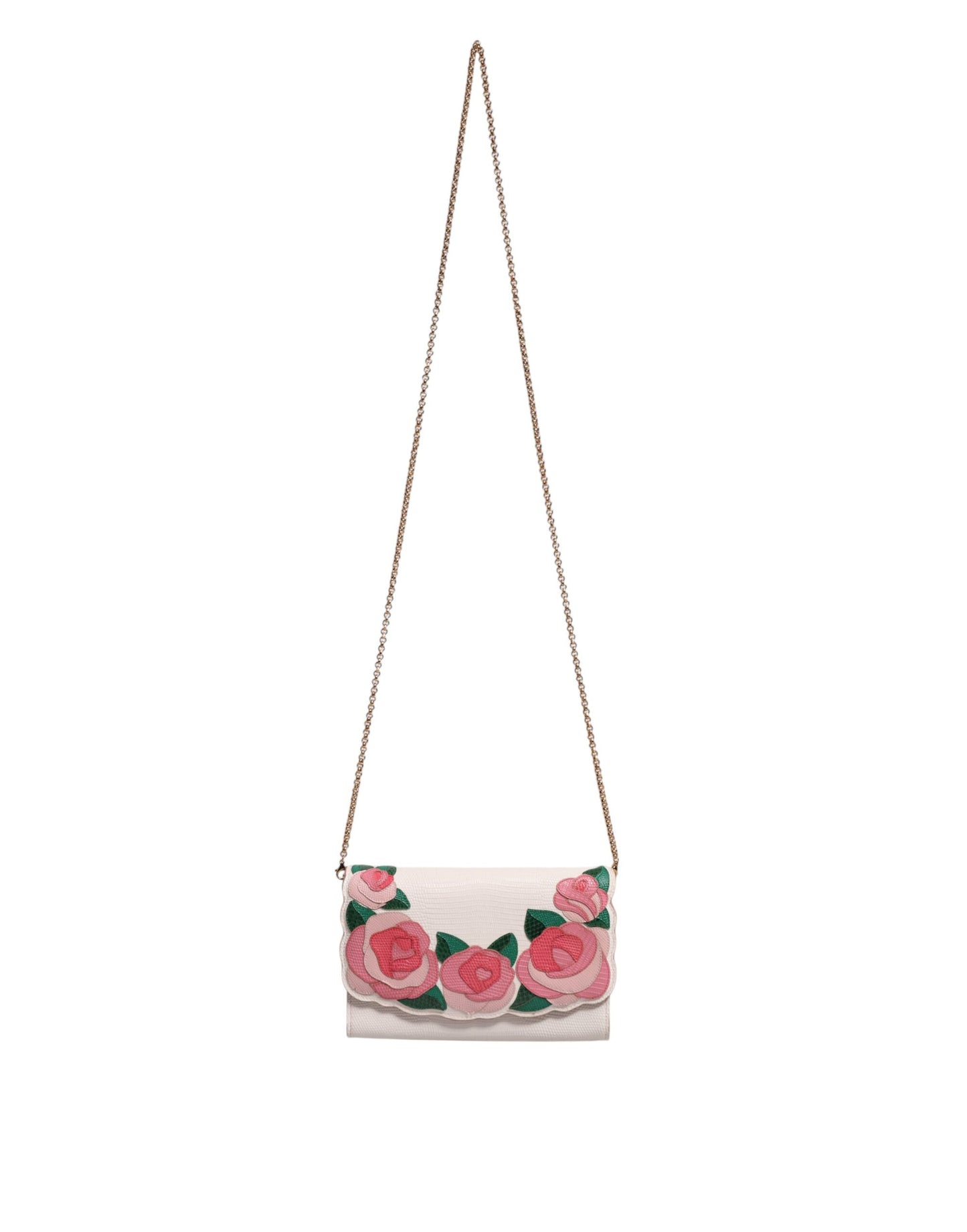 Dolce & Gabbana White Floral Leather Wallet Crossbody Gold Chain Bag