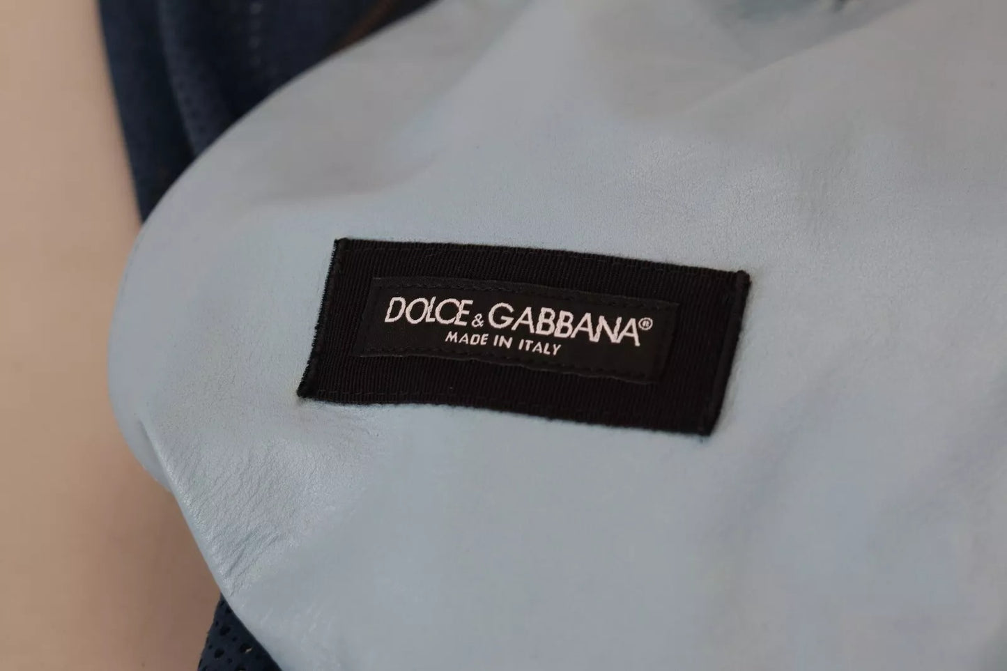 Dolce & Gabbana – Blaue Lederjacke mit perforiertem durchgehendem Reißverschluss