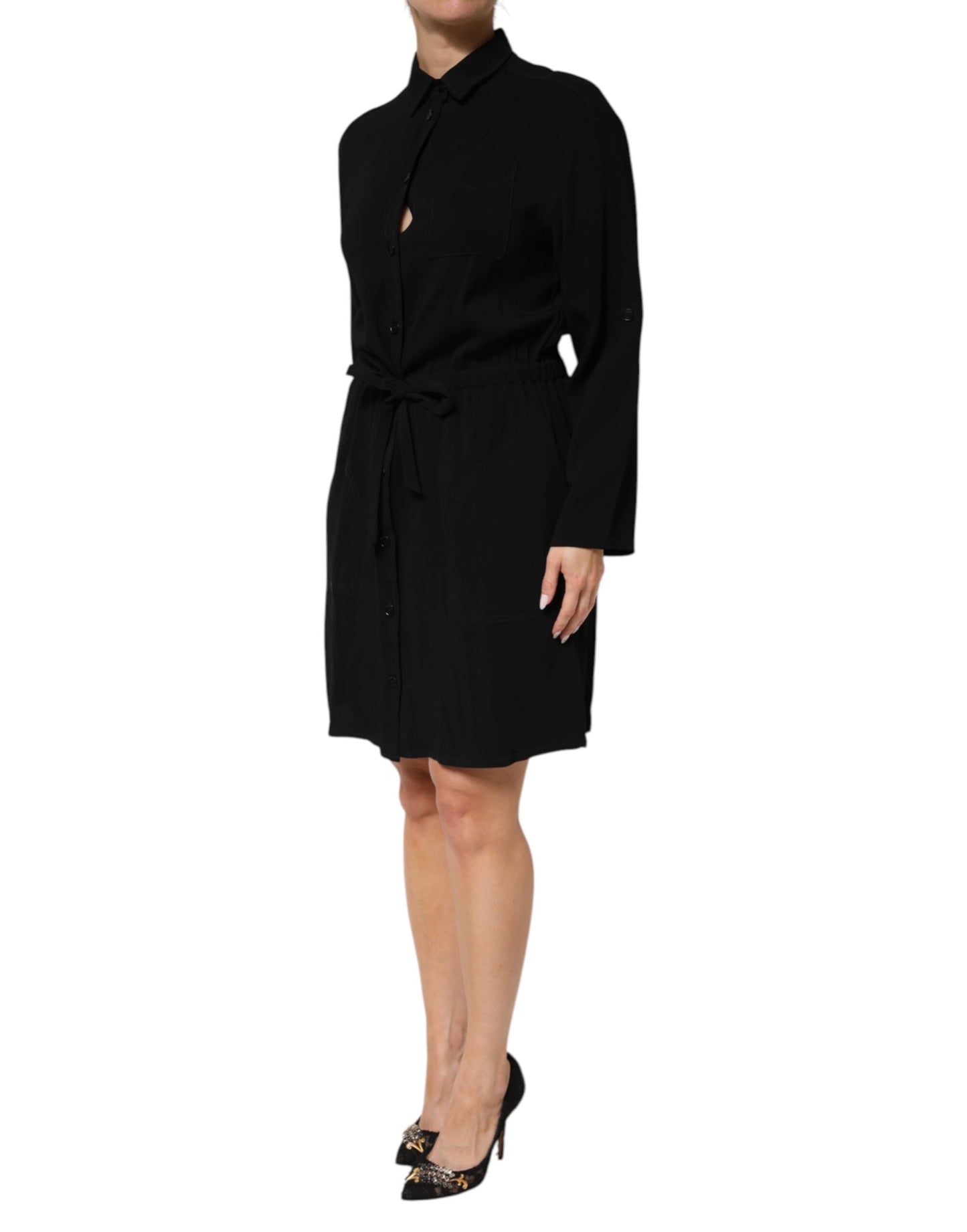 Emporio Armani Black Viscose Blend Shirt Style Belted Dress