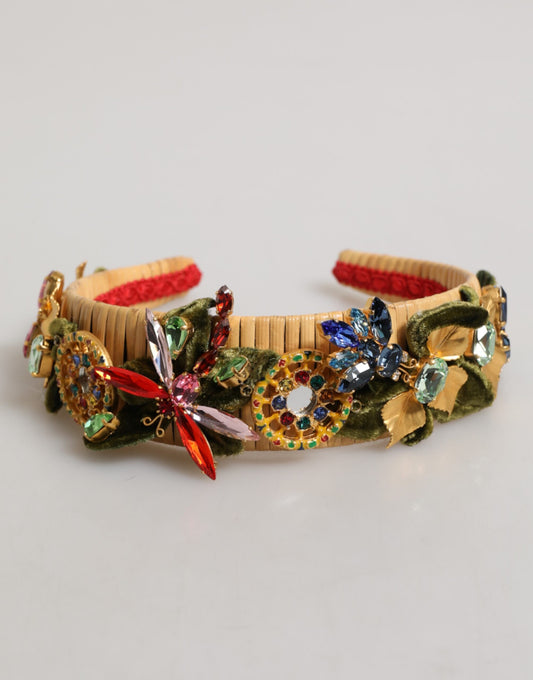 Dolce & Gabbana Multicolor Crystal Floral Gold Green Velvet Crown Headband