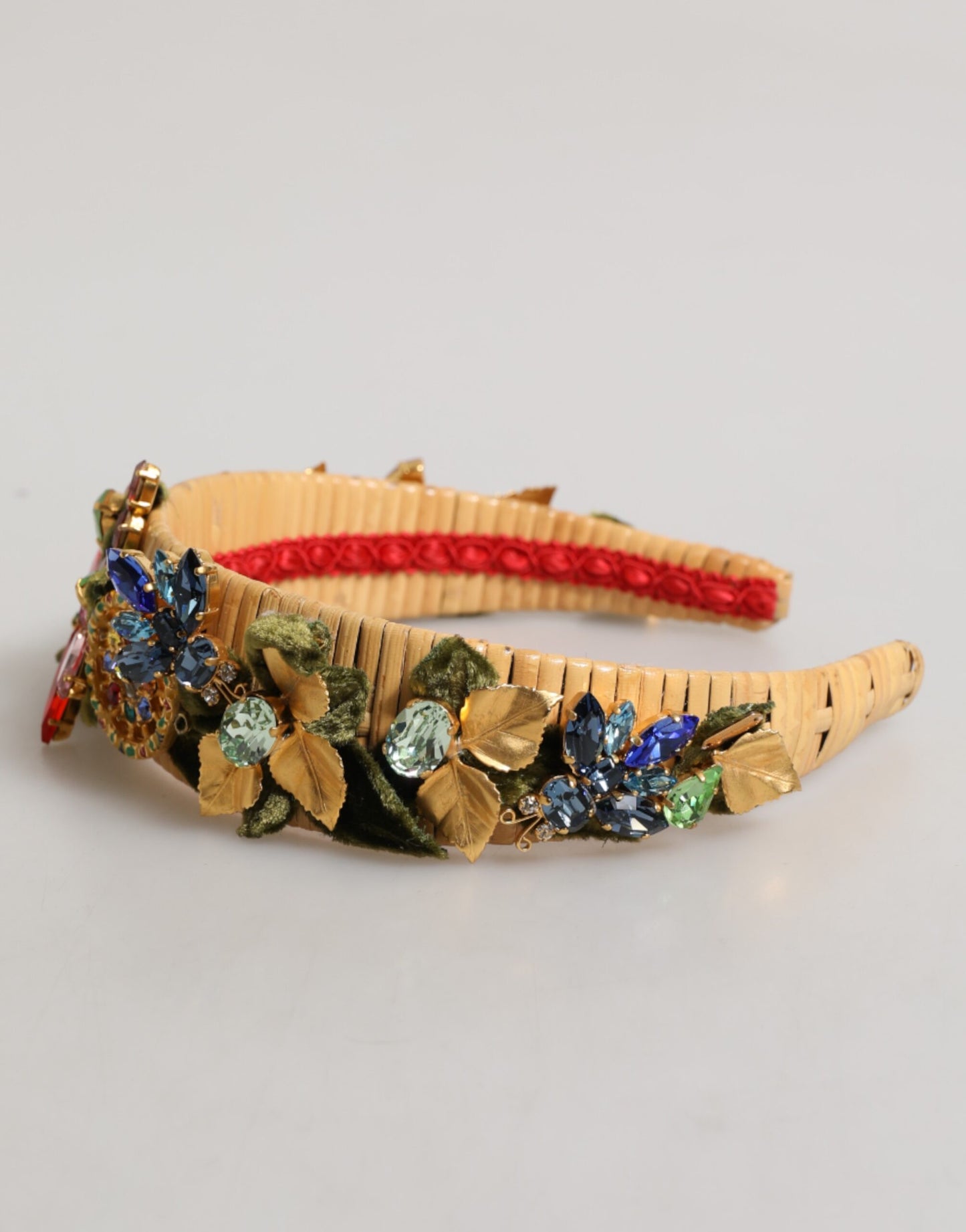 Dolce & Gabbana Multicolor Crystal Floral Gold Green Velvet Crown Headband