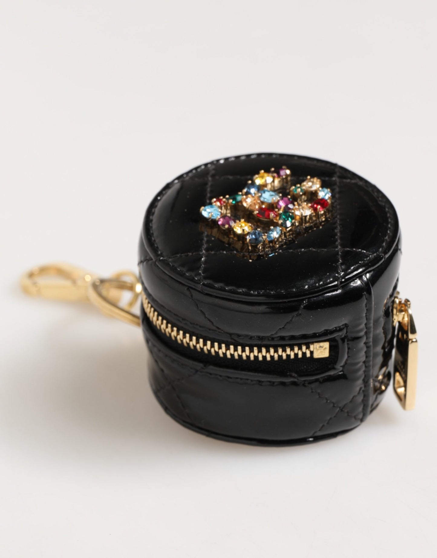Dolce & Gabbana Black Lamb Leather DG Crystal Logo Round Coin Purse Wallet
