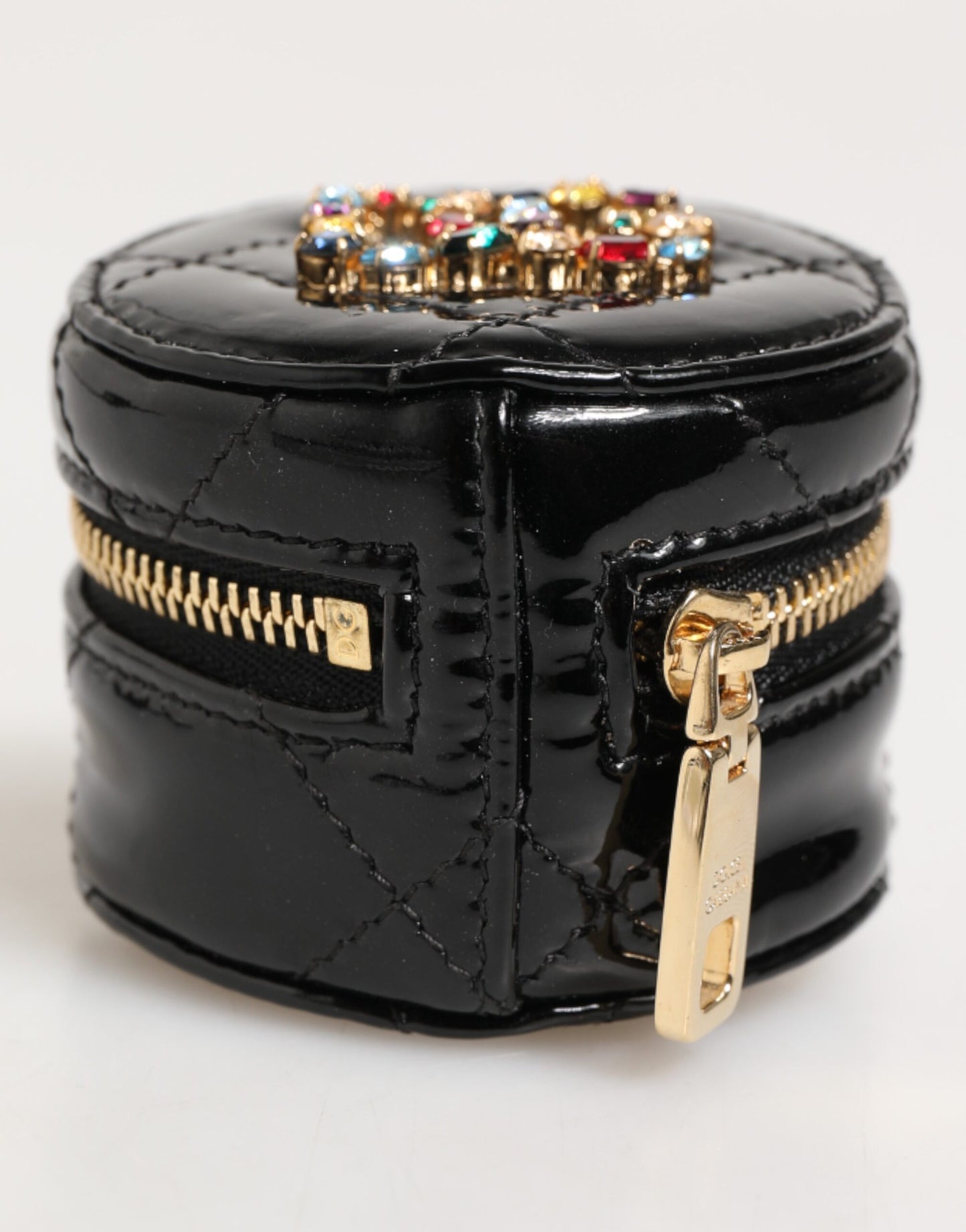 Dolce & Gabbana Black Lamb Leather DG Crystal Logo Round Coin Purse Wallet