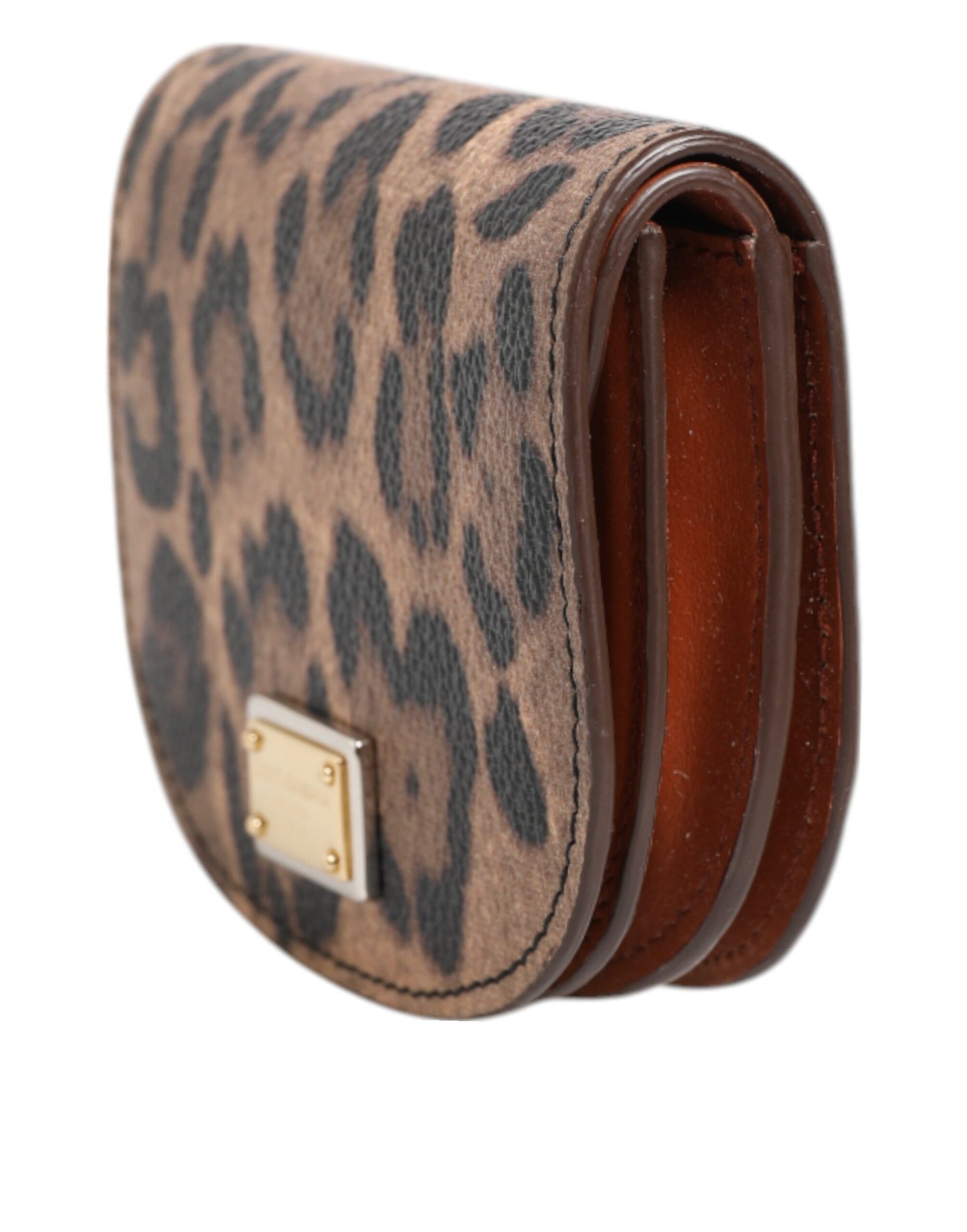Dolce & Gabbana Brown Black Calf Leather Leopard Print Logo Plaque Wallet