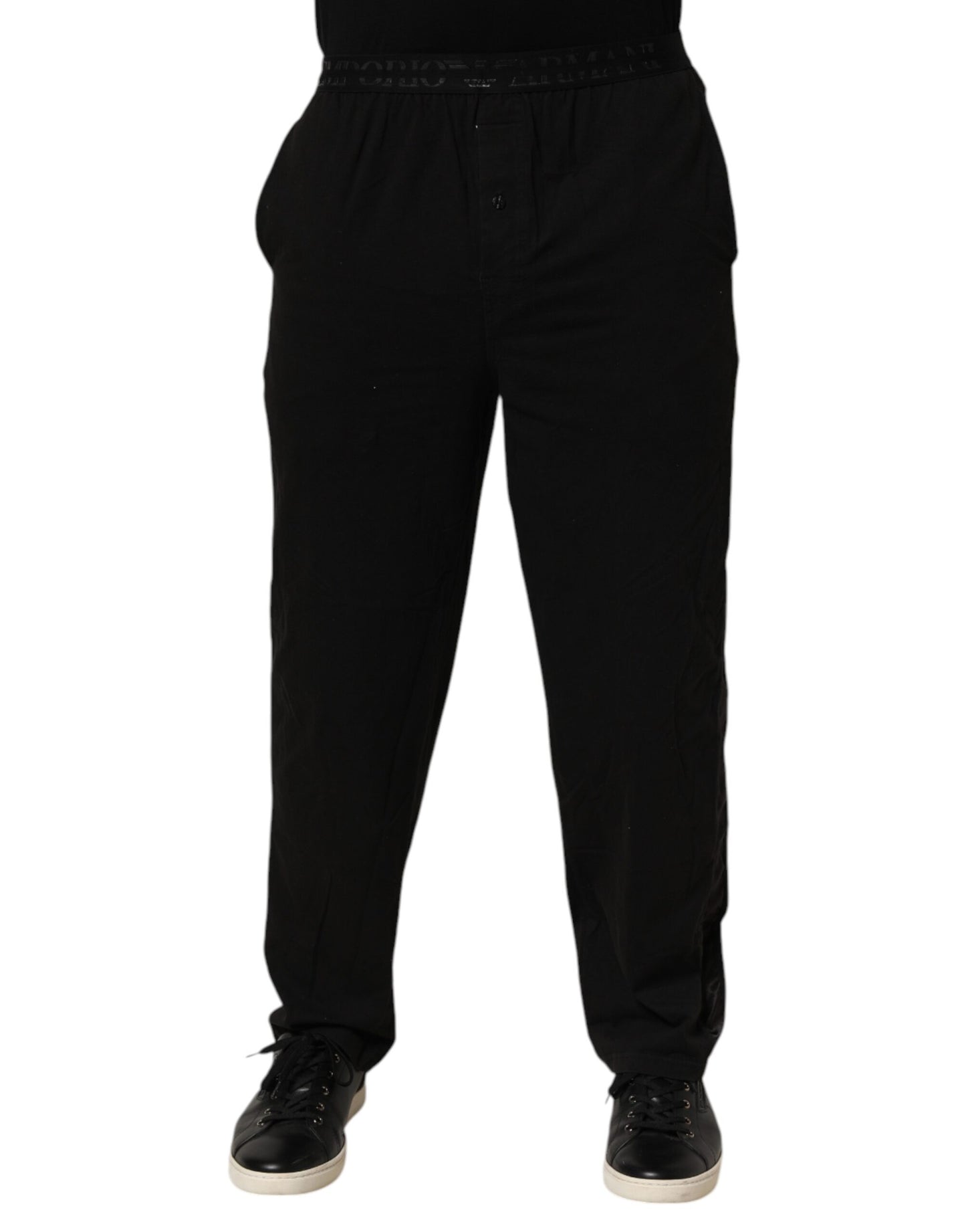 Emporio Armani Black Cotton Blend Logo Waistband Trouser Pants