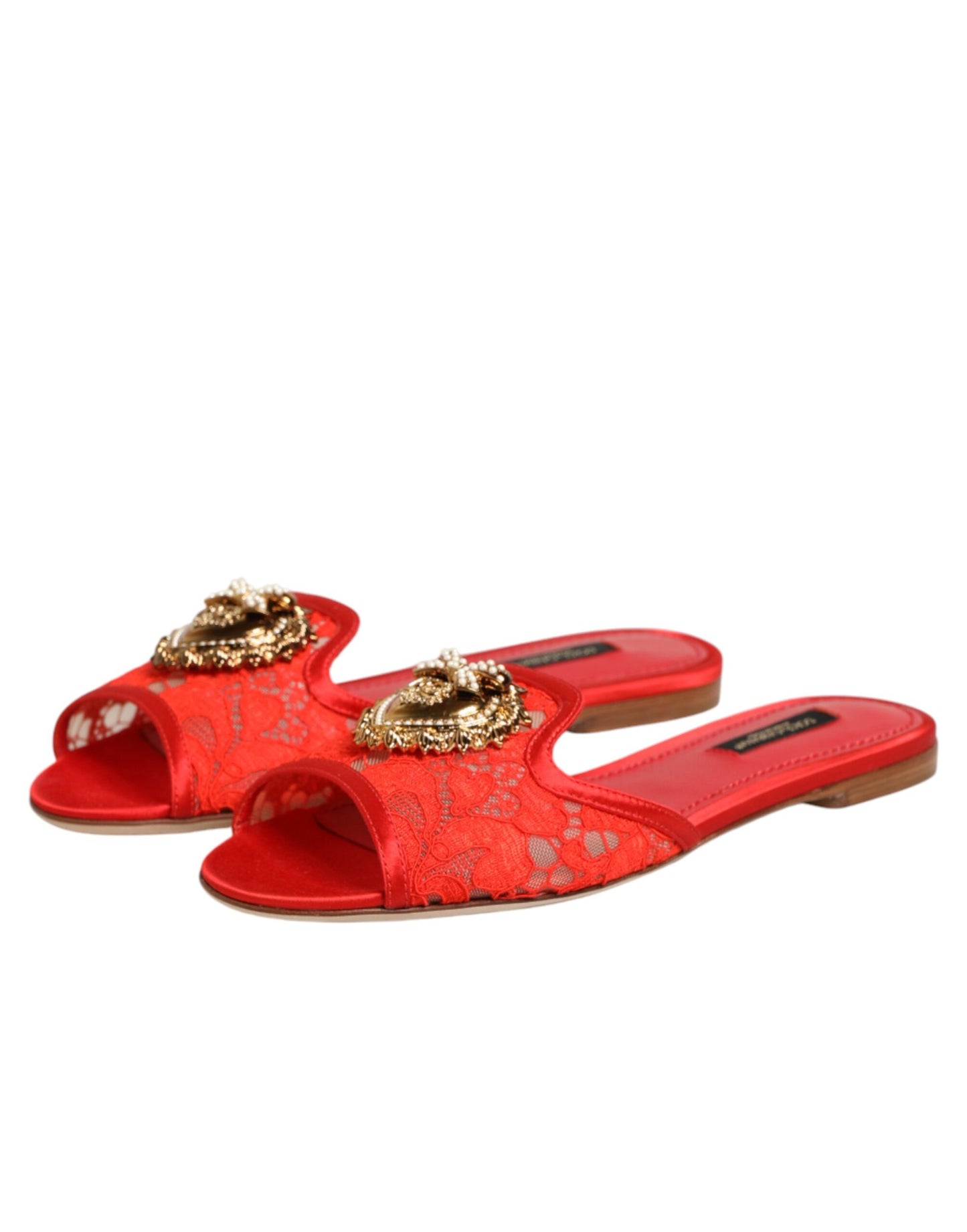 Dolce & Gabbana Red Devotion Lace Flats Slip On Sandals Shoes