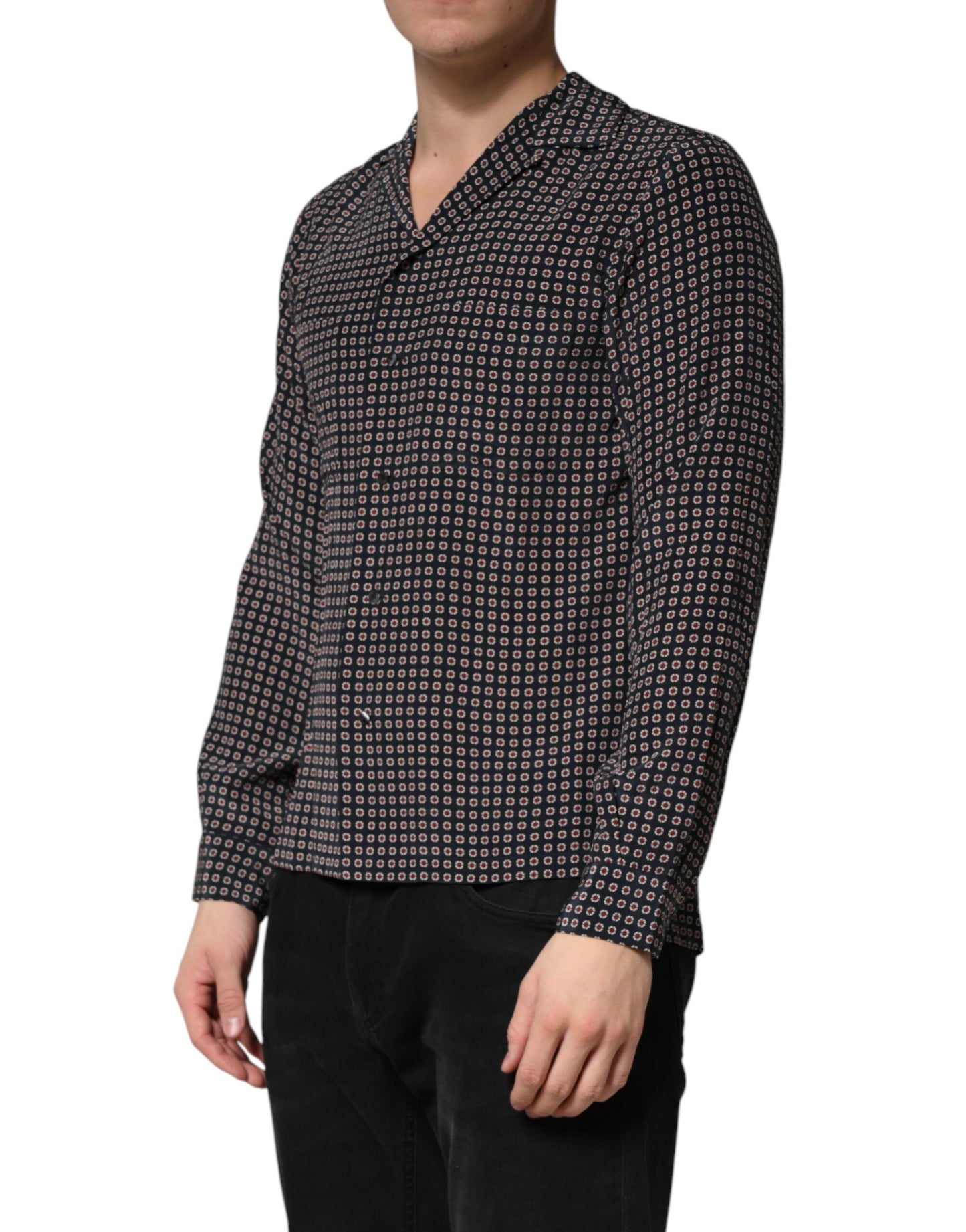 Dolce & Gabbana Black Patterned Silk Men Button Down Shirt