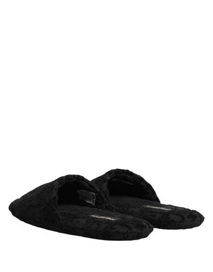 Dolce & Gabbana Black Logo Embroidered Slippers Flats Shoes