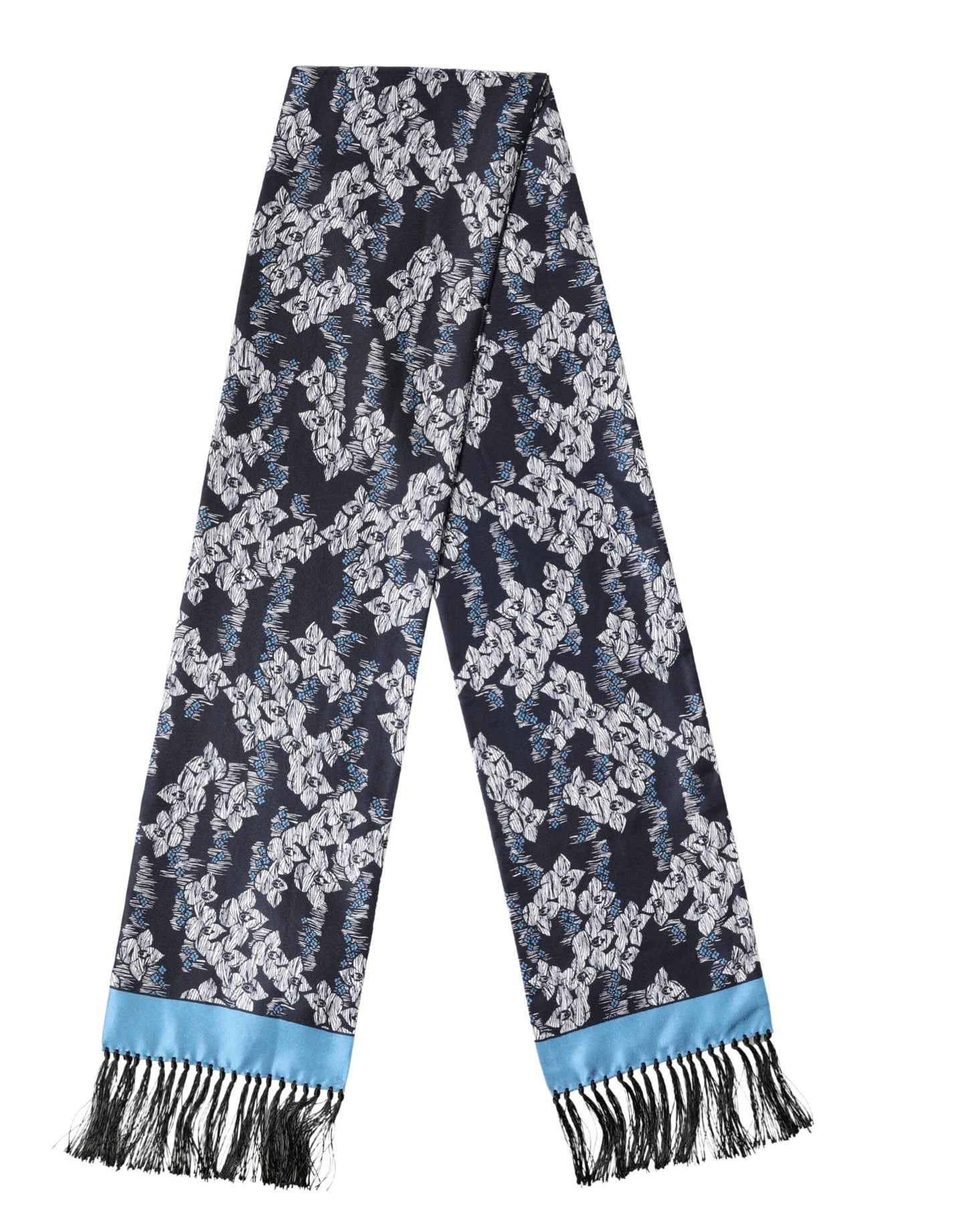 Dolce & Gabbana Black Blue Silk Floral Pattern Fringe 140cm x 16cm  Scarf