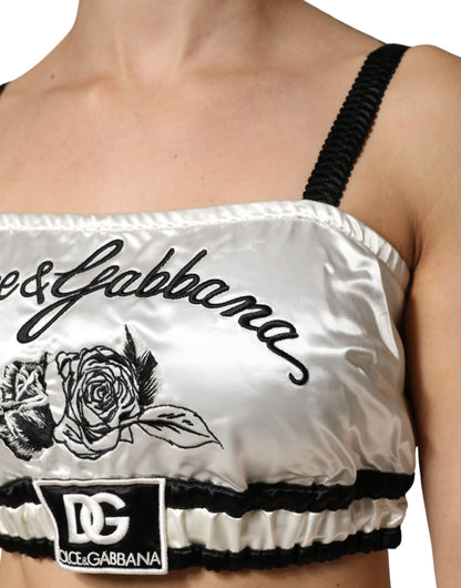 Dolce & Gabbana White Silk Satin Crop Black Logo Bralette Top
