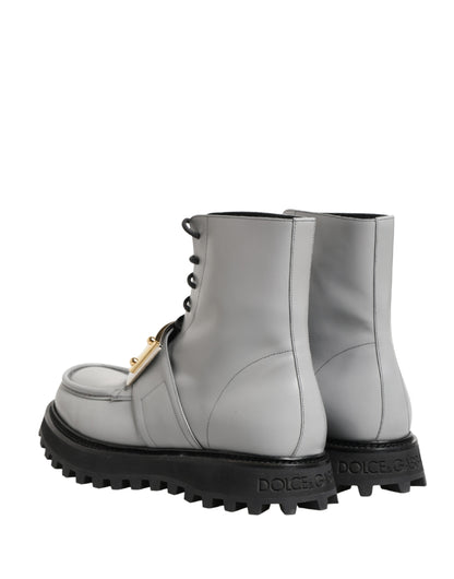 Dolce & Gabbana Gray Leather Logo Plaque Ankle Boots Shoes