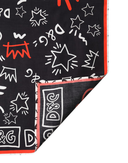 Dolce & Gabbana Black White Red DG Crown Cotton Foulard 47cm x 46cm Scarf