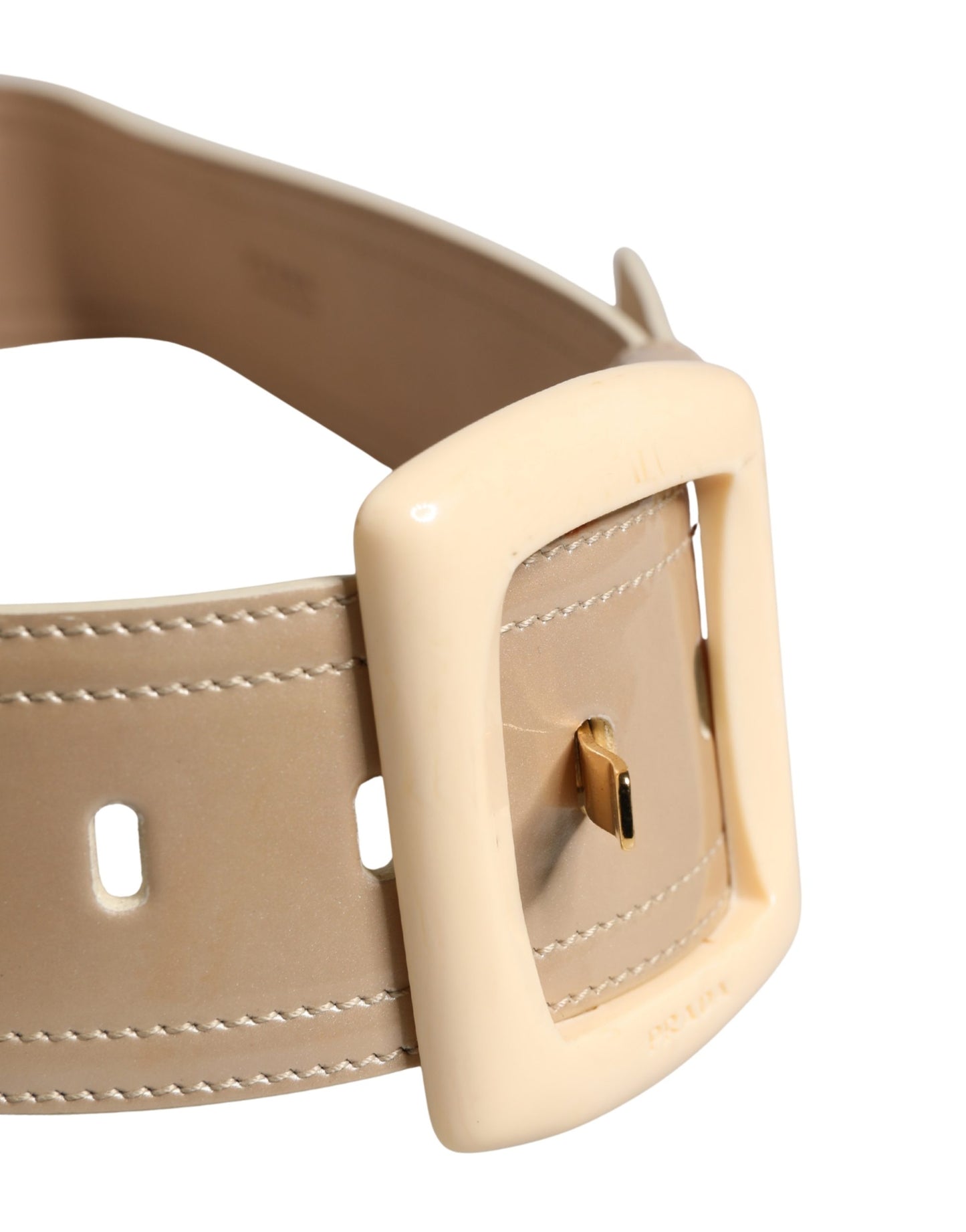 Prada Beige Leather Logo Wide Waist Women Square Buckle Belt