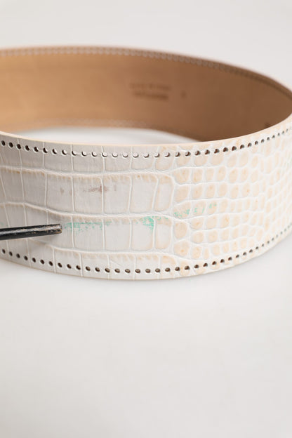 Scervino Street White Textured Leather Wide SilverMetal Buckle Belt