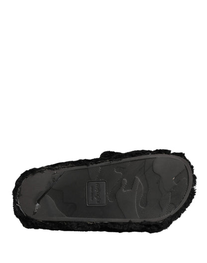 Dolce & Gabbana Black Faux Fur Panther Plush Flat Slides Shoes