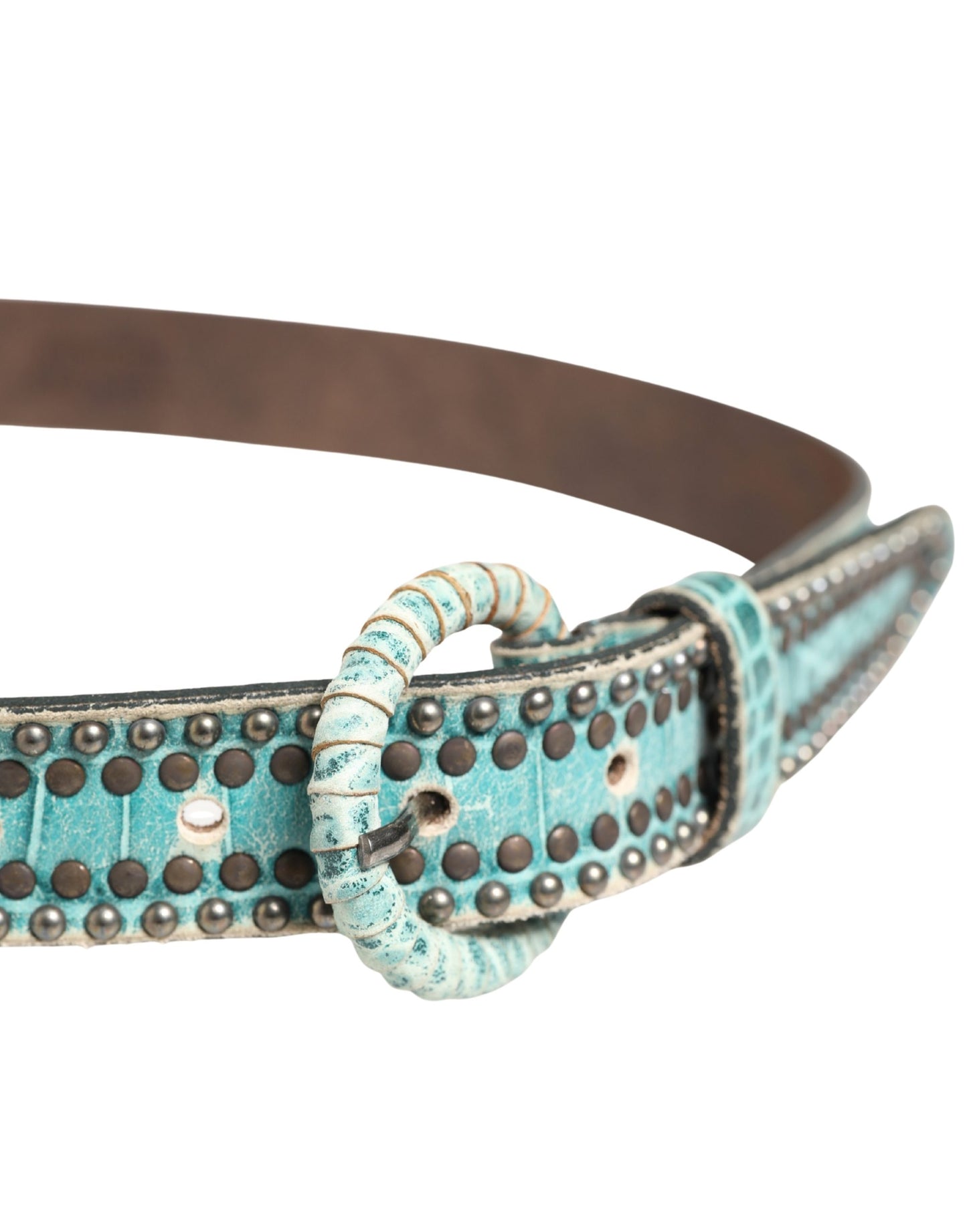 Scervino Street Women Green Leather Croco Print Studded Belt