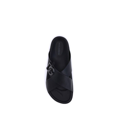 Dolce & Gabbana Black Calf Leather Bos Taurus Flat Sandals