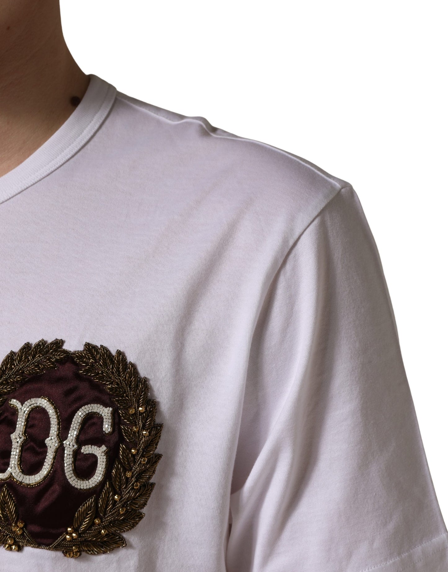 Dolce & Gabbana White DG Leaf Embroidery Crew Neck  T-shirt