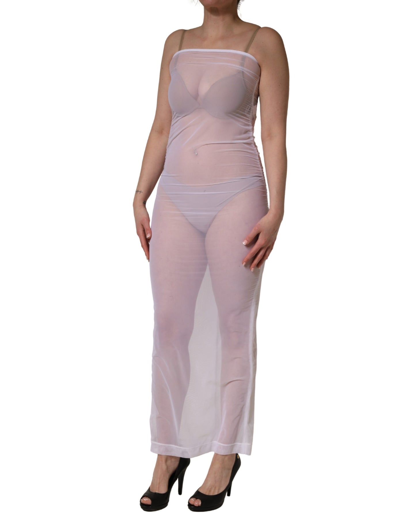 Dolce & Gabbana White Sheer Nylon Stretch Sheath Maxi Dress
