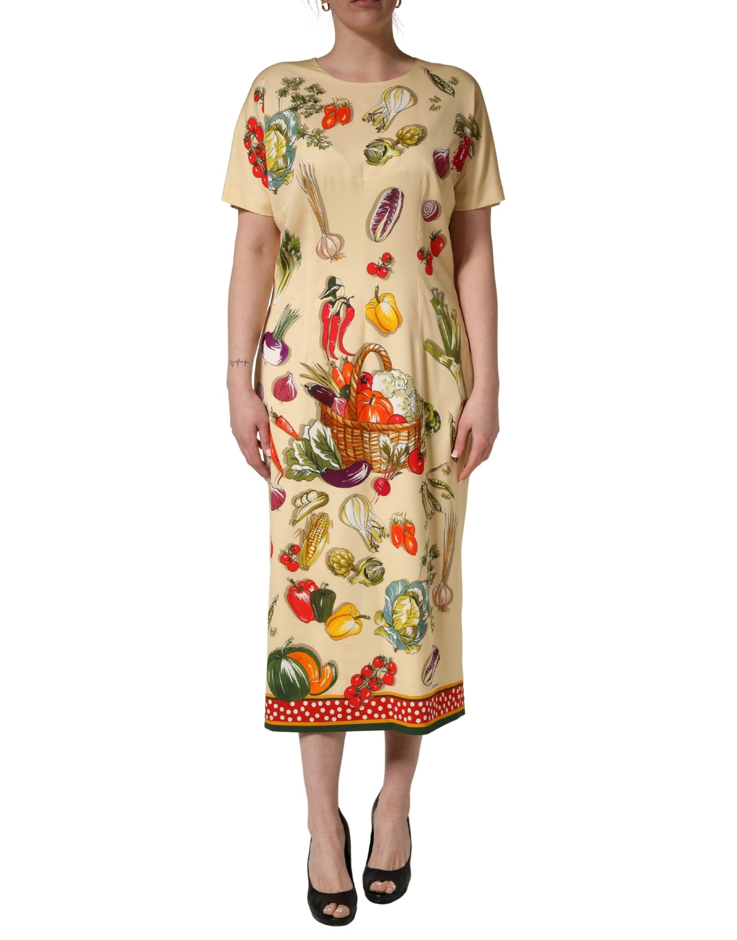 Dolce & Gabbana Beige Fruit PolkaDot Sheath Silk Midi Dress