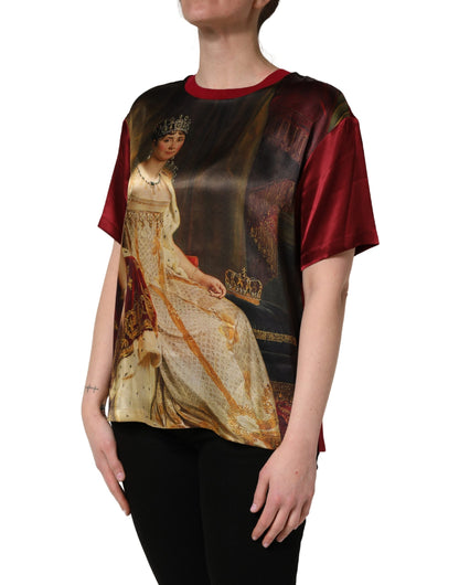 Dolce & Gabbana Maroon Royal Crown Dress Queen Painting Silk  T-shirt