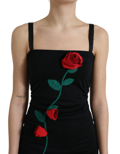 Dolce & Gabbana Black Wool Sleeveless Rose Applique Dress