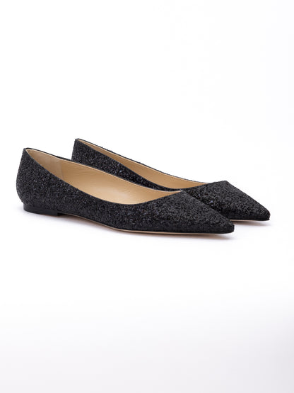 Jimmy Choo Black Coarse Glitter Fabric Alina Bellet Flat