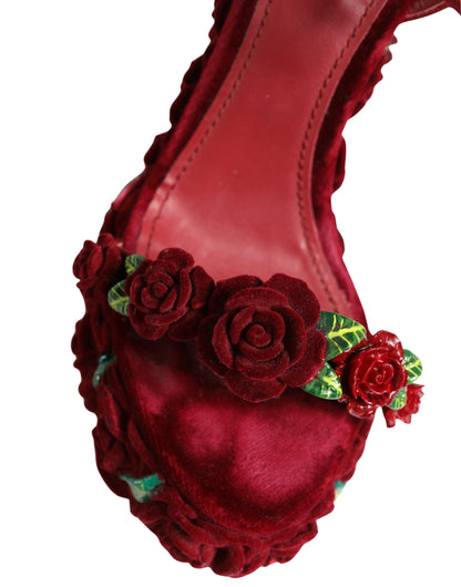 Dolce & Gabbana Red Rose Embellished Platform Sandals Shoes