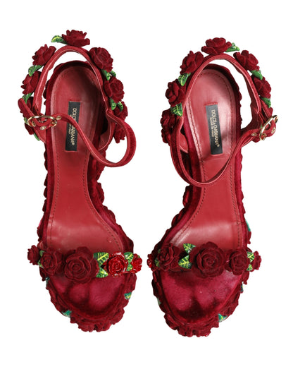 Dolce & Gabbana Red Rose Embellished Platform Sandals Shoes